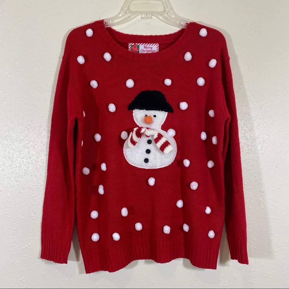 Snowman Sweater Merry Christmas Small Snowman Red Woman’s Sweater Long s…